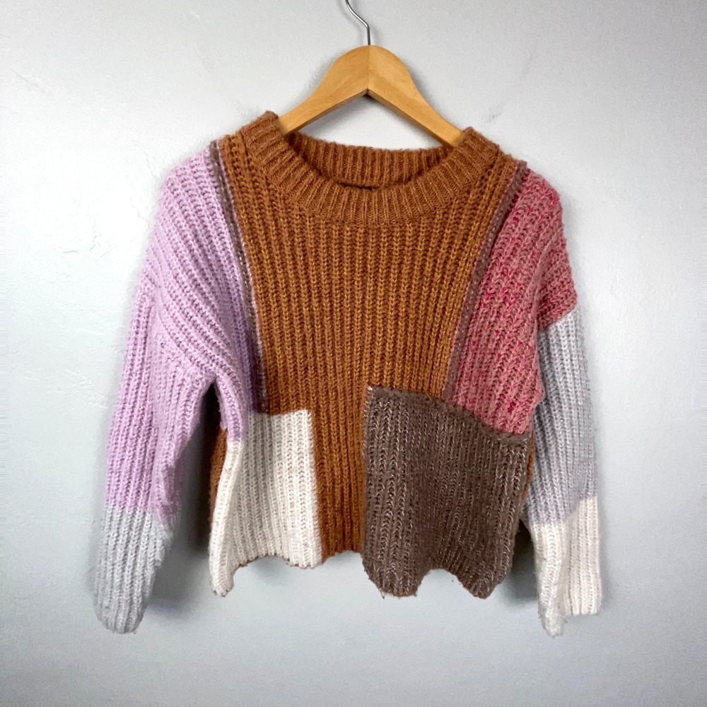 Cliche Sweater Women Medium Wool Blend Knit Color Block Patchwork Boho Artsy